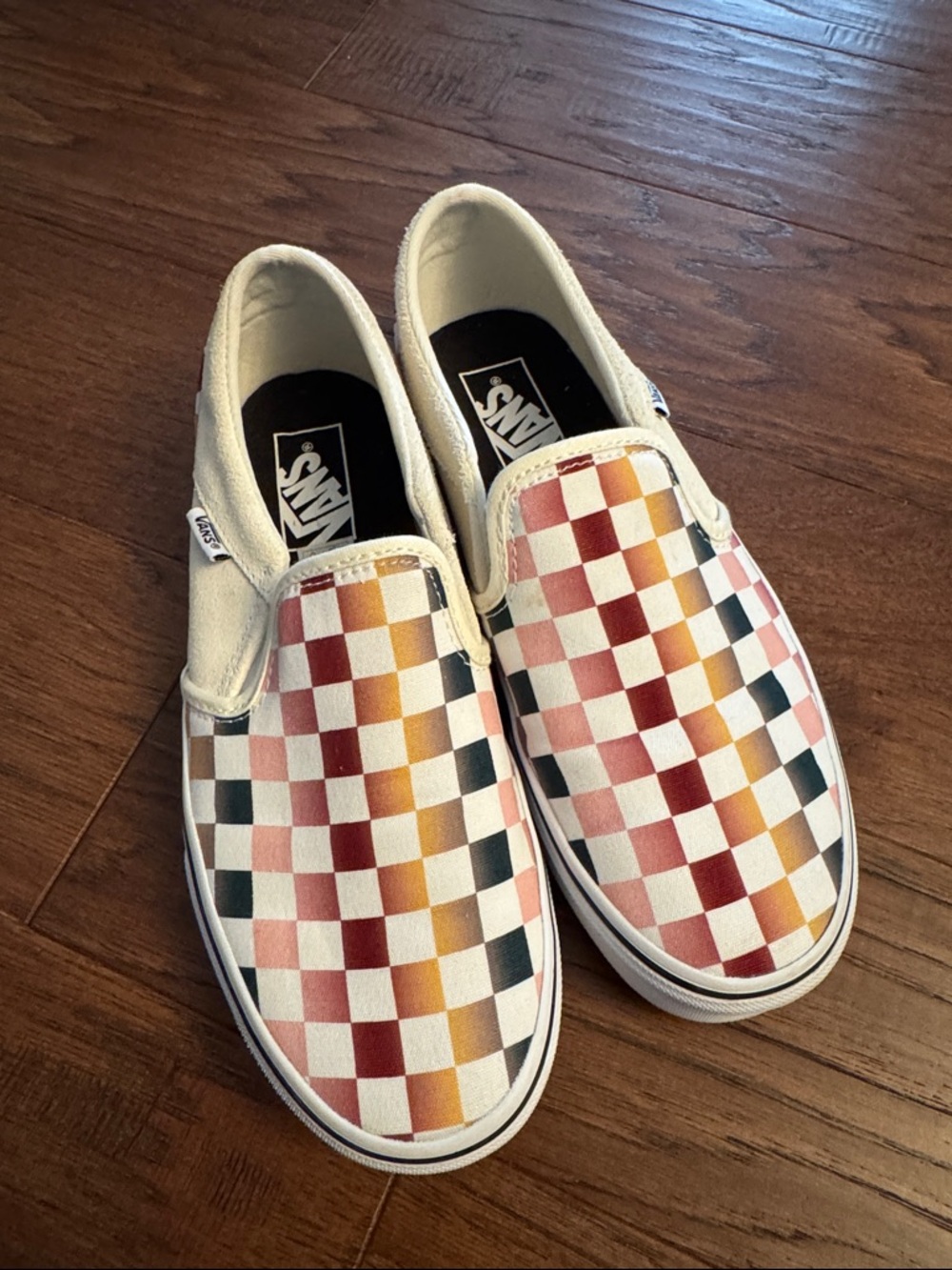 Vans Slip-On Checkerboard in Red, Yellow, Green and Pink. VGUC